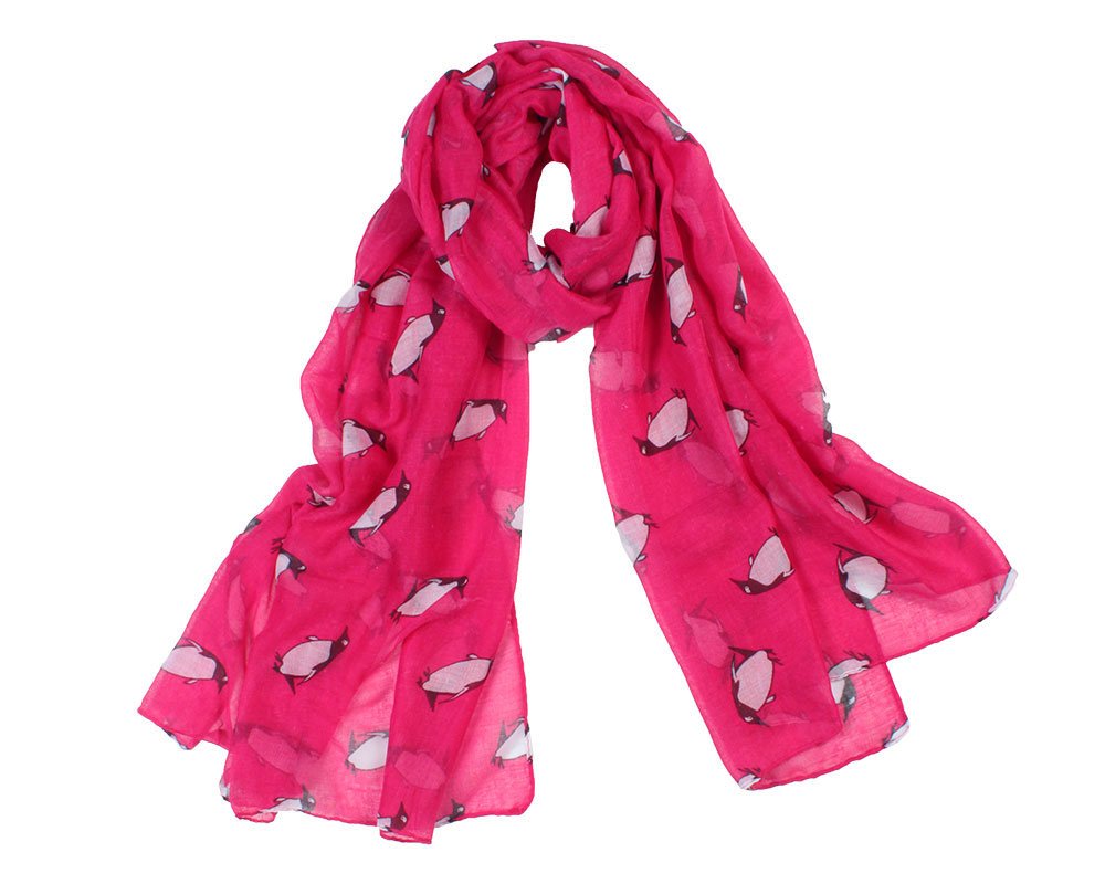 Hot Pink Cute Monty Penguin Print Lightweight Scarf