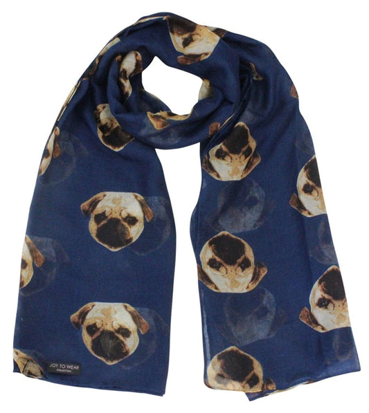 Pug Dog Ladies Fashion Scarf with Daisy Pendant Gift (Navy)