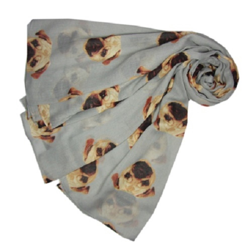 Grey Ladies Pugs Dog Print Design Fashion Scarf - Pug Gift Wrap Available