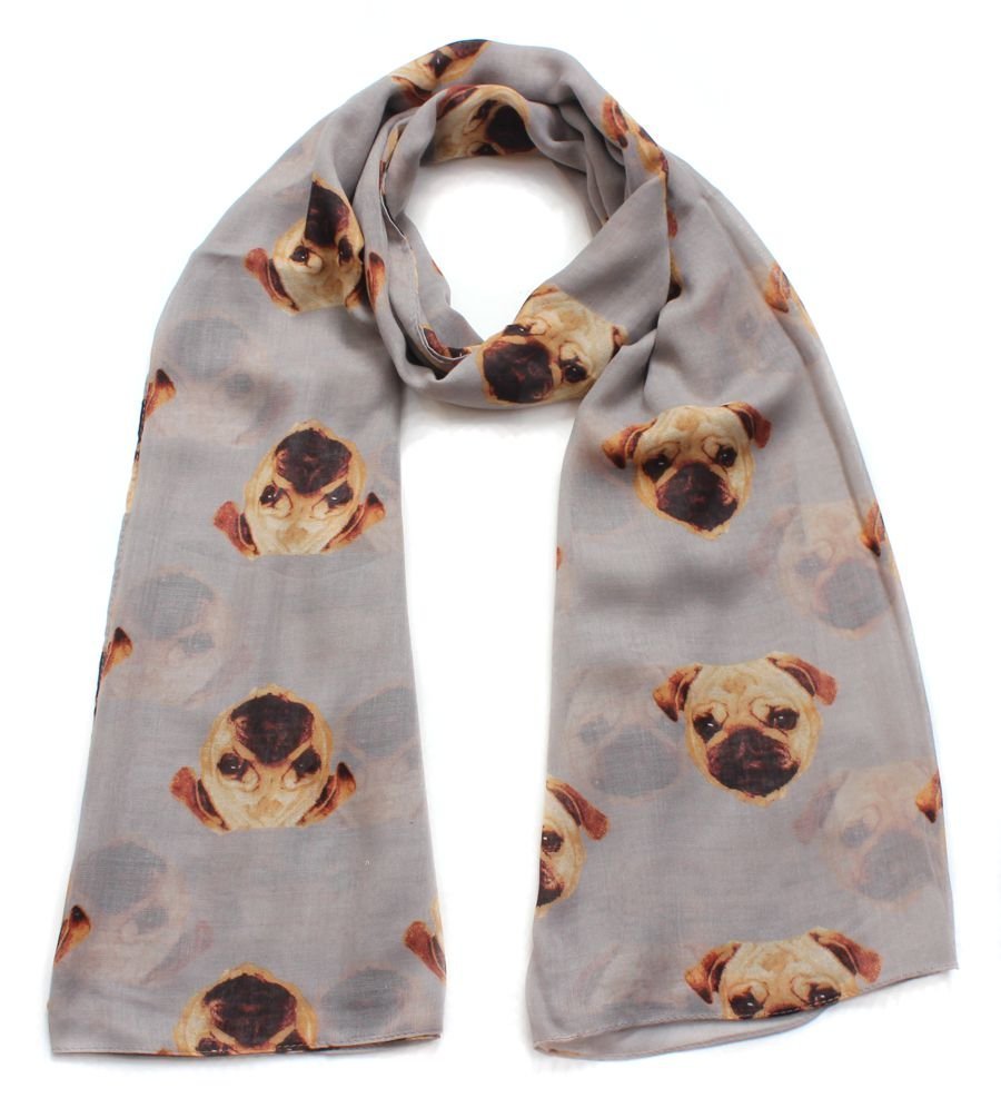 Grey Ladies Pugs Dog Print Design Fashion Scarf - Pug Gift Wrap Available