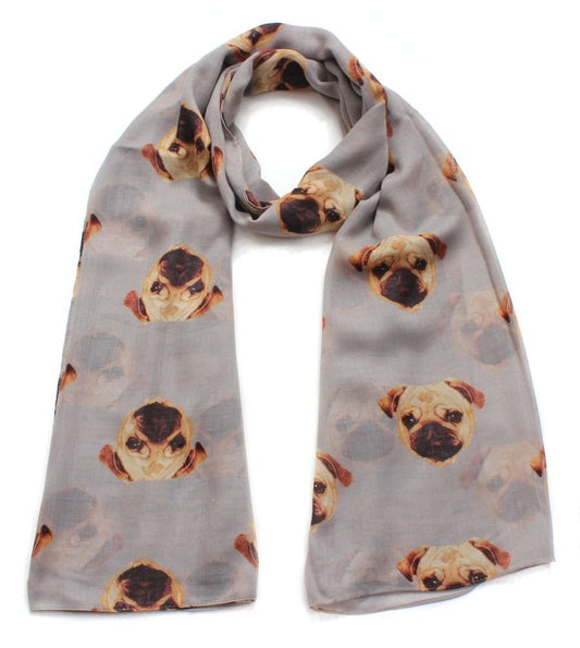 Grey Ladies Pugs Dog Print Design Fashion Scarf - Pug Gift Wrap Available