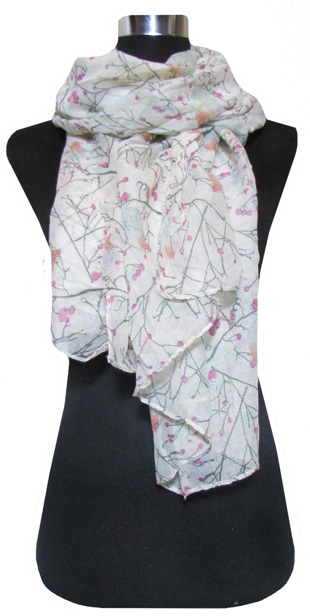 Light Beige Robin Print Lightweight Scarf