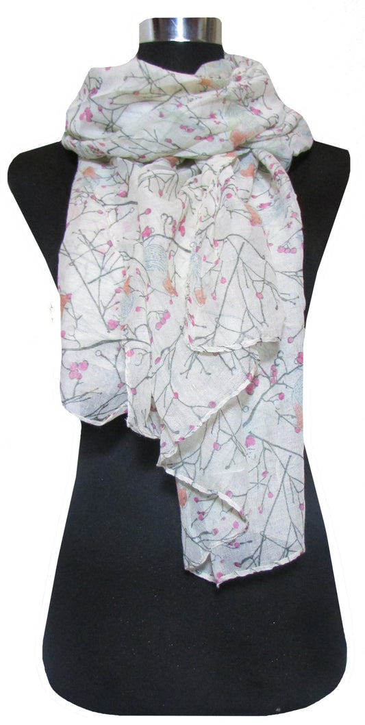 Light Beige Robin Print Lightweight Scarf