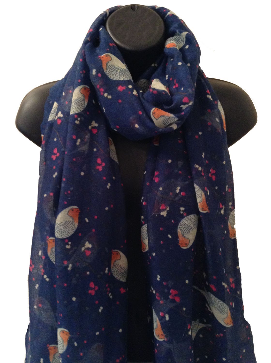 Ladies Women New Spring Robin Bird Print NAVY Scarf Wrap Shawl Pashmina