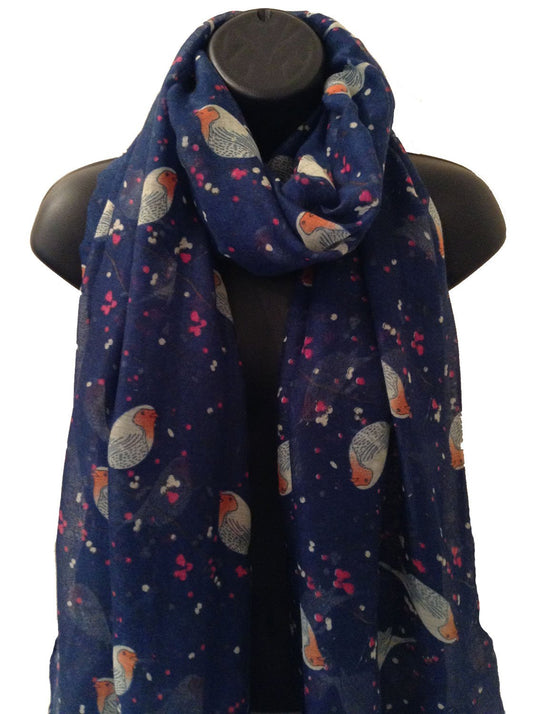 Ladies Women New Spring Robin Bird Print NAVY Scarf Wrap Shawl Pashmina