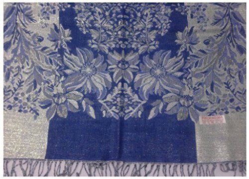 Beautiful Royal Blue Jamavar Floral Design Pashmina Style Shawl/Scarf/Wrap with Sparkly Glitter Thread