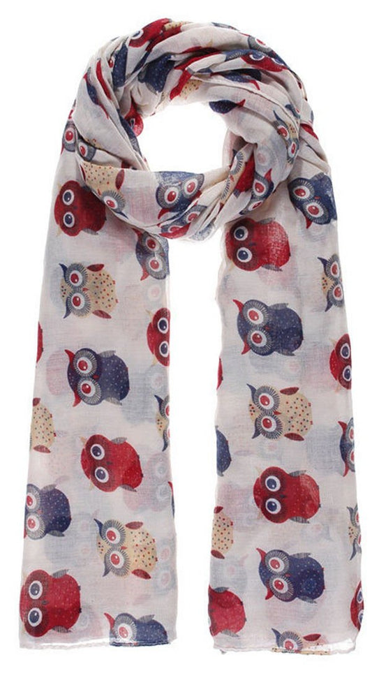 LADIES SCARF OWL Print Cream With RED BLUE Owls Light Weight Summer Gifts