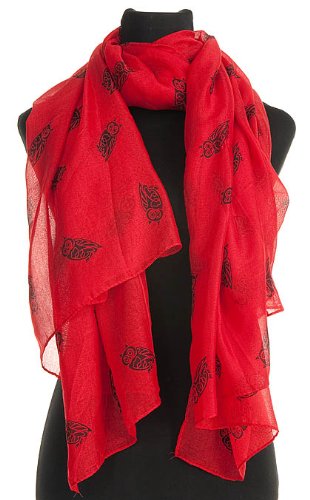 Womens New Large Red Owl Print Cotton Feel Scarf