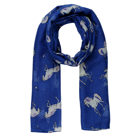 World of Shawls Women Scarf Horses Print Design Ladies Scarves Shawl Wrap Maxi Scarf Sarong (Unicorn Horse Navy Blue)