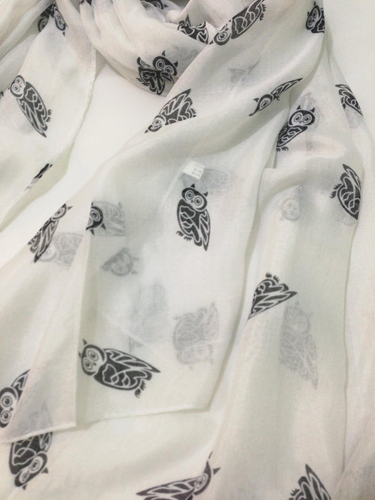World of Shawls Beautiful White Owl Bird Print Pattern Maxi Large Oversized Shawl Scarf Sarong Wrap