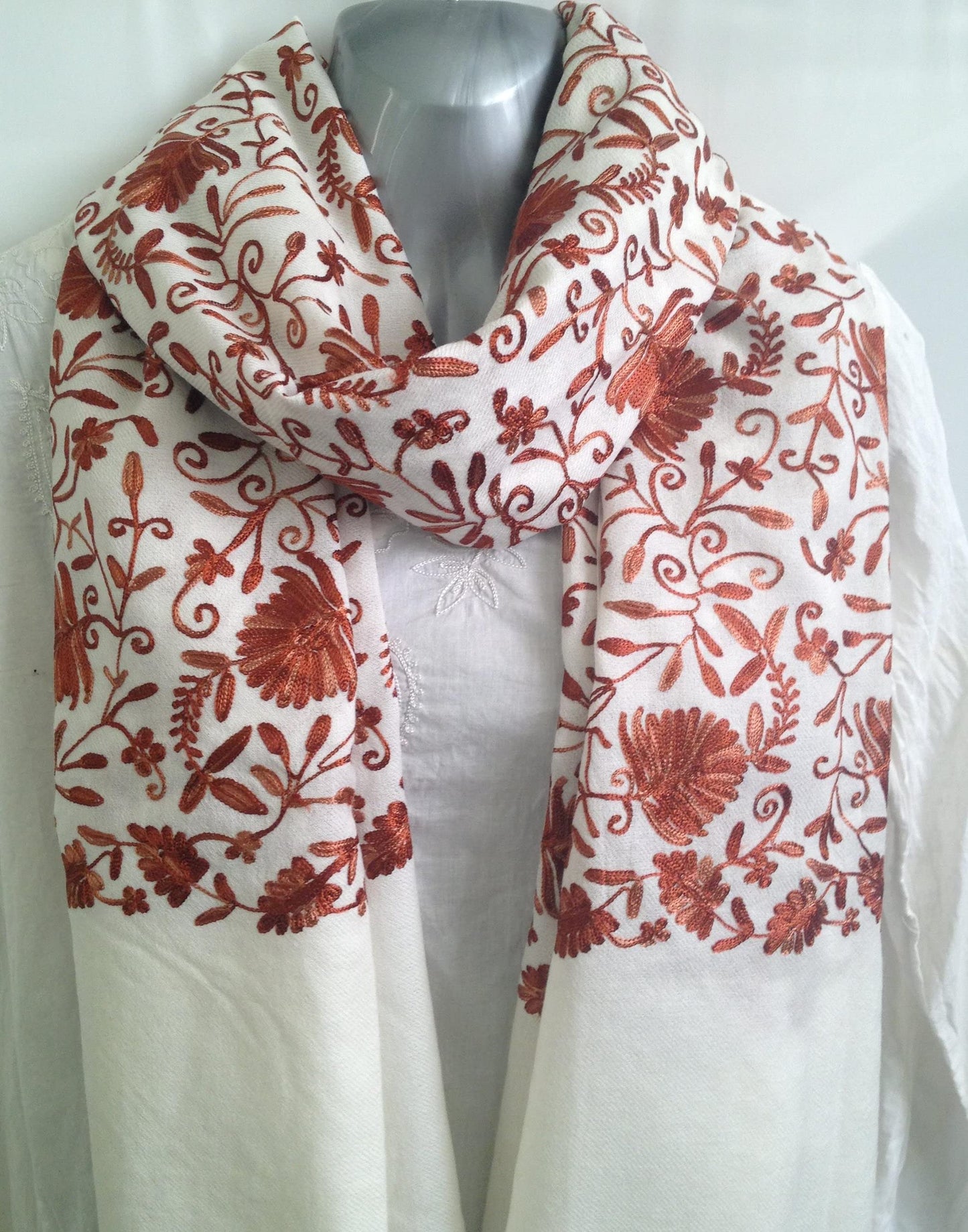 Beautiful Ivory Cream Woolen Shawl with Rust Colour Floral Embroidery