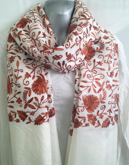 Beautiful Ivory Cream Woolen Shawl with Rust Colour Floral Embroidery