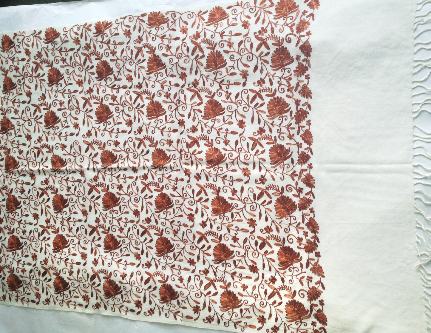 Beautiful Ivory Cream Woolen Shawl with Rust Colour Floral Embroidery