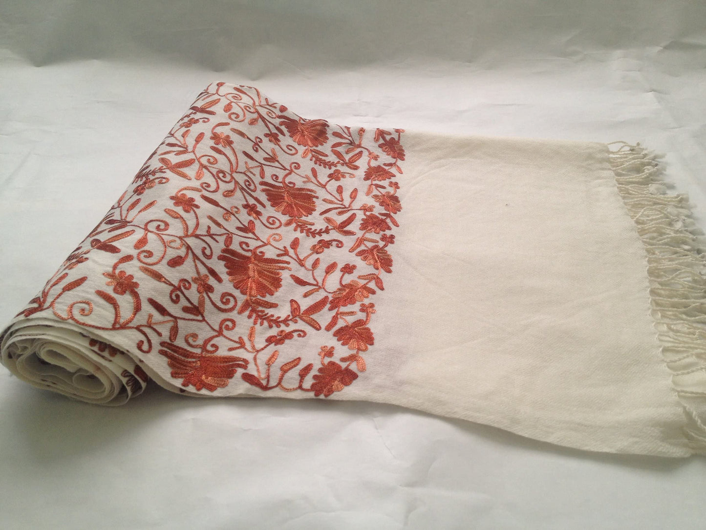 Beautiful Ivory Cream Woolen Shawl with Rust Colour Floral Embroidery