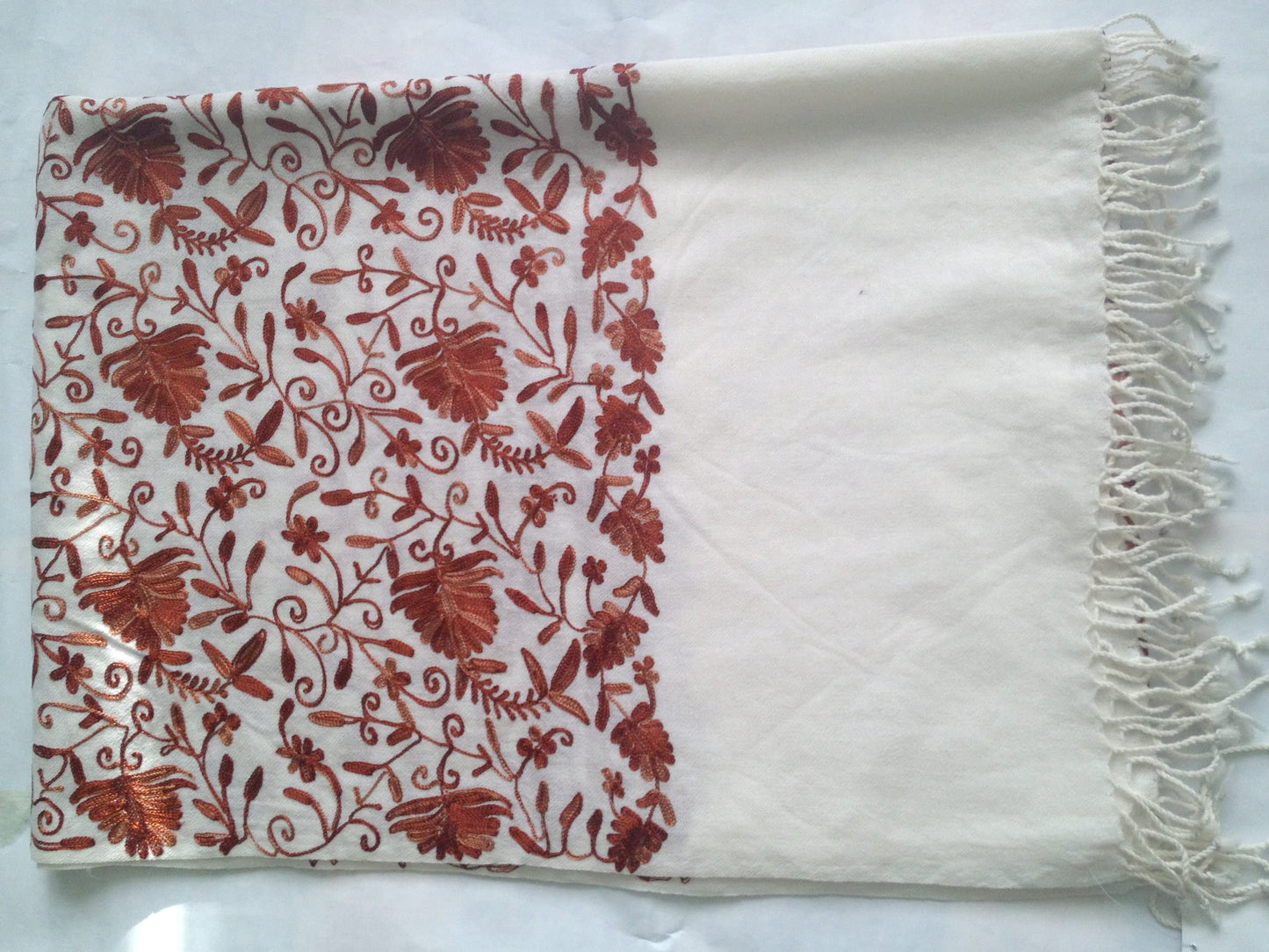 Beautiful Ivory Cream Woolen Shawl with Rust Colour Floral Embroidery