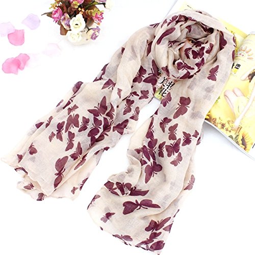 Fashion All-match Womens Girls Butterfly Printed Long Soft Voile Scarf Muffler Shawl Wrap (Beige)