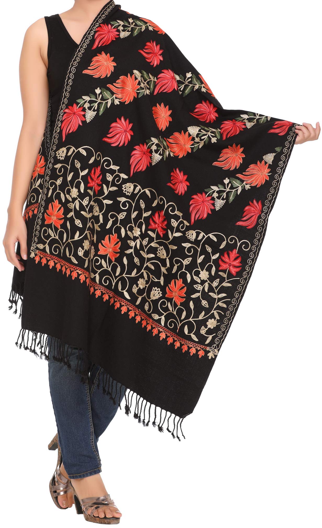 Exclusive Range Women's Ladies 100% Wool Pashmina Hand Embroidery Luxuriously Warm and Super Soft Shawl Scarf Wrap Stole