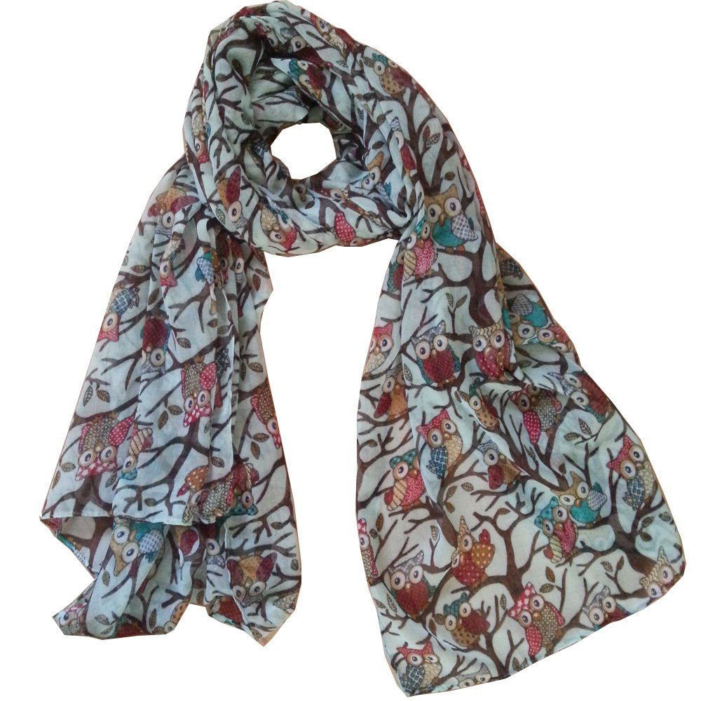 Owl Print Scarf Bird Patterns Ladies Fashion Scarves Multi Color (Aqua)