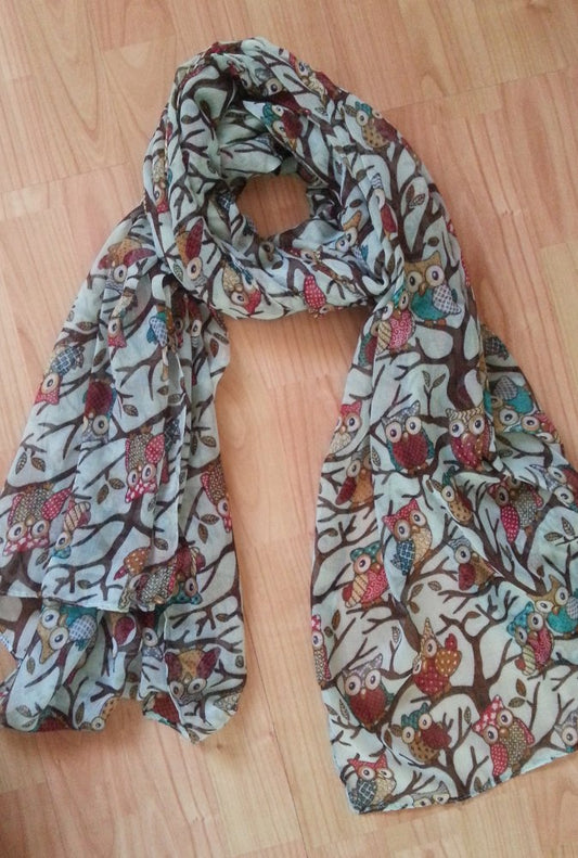 Owl Print Scarf Bird Patterns Ladies Fashion Scarves Multi Color (Aqua)