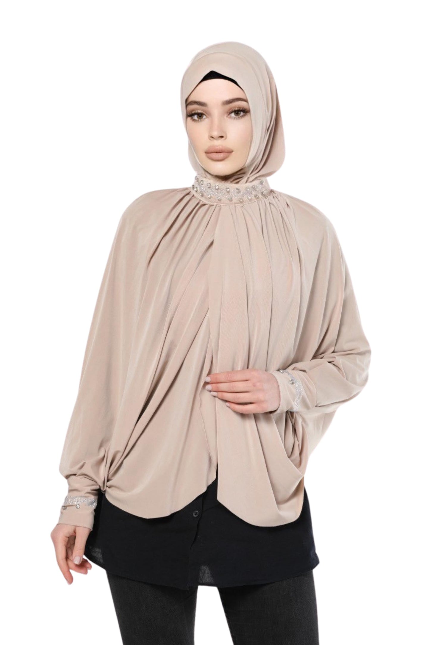 Ready Hijab Embellished with Exquisite Pearl Work on Neckline and Sleeves Premium Quality Hijab Jersey Scarf Gift for Ramadan Eid Hajj