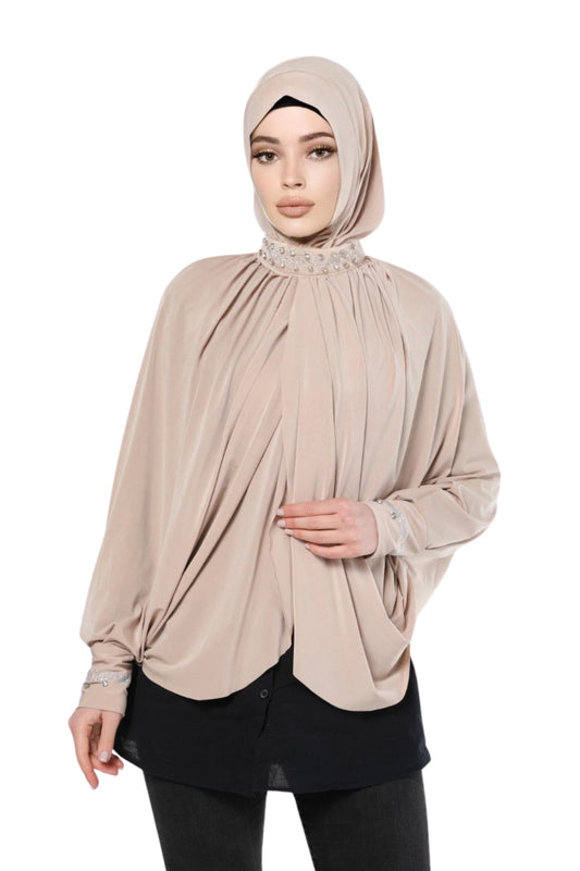 Ready Hijab Embellished with Exquisite Pearl Work on Neckline and Sleeves Premium Quality Hijab Jersey Scarf Gift for Ramadan Eid Hajj