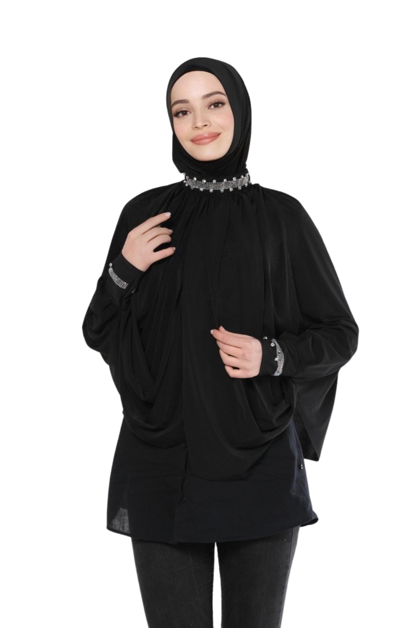 Ready Hijab Embellished with Exquisite Pearl Work on Neckline and Sleeves Premium Quality Hijab Jersey Scarf Gift for Ramadan Eid Hajj