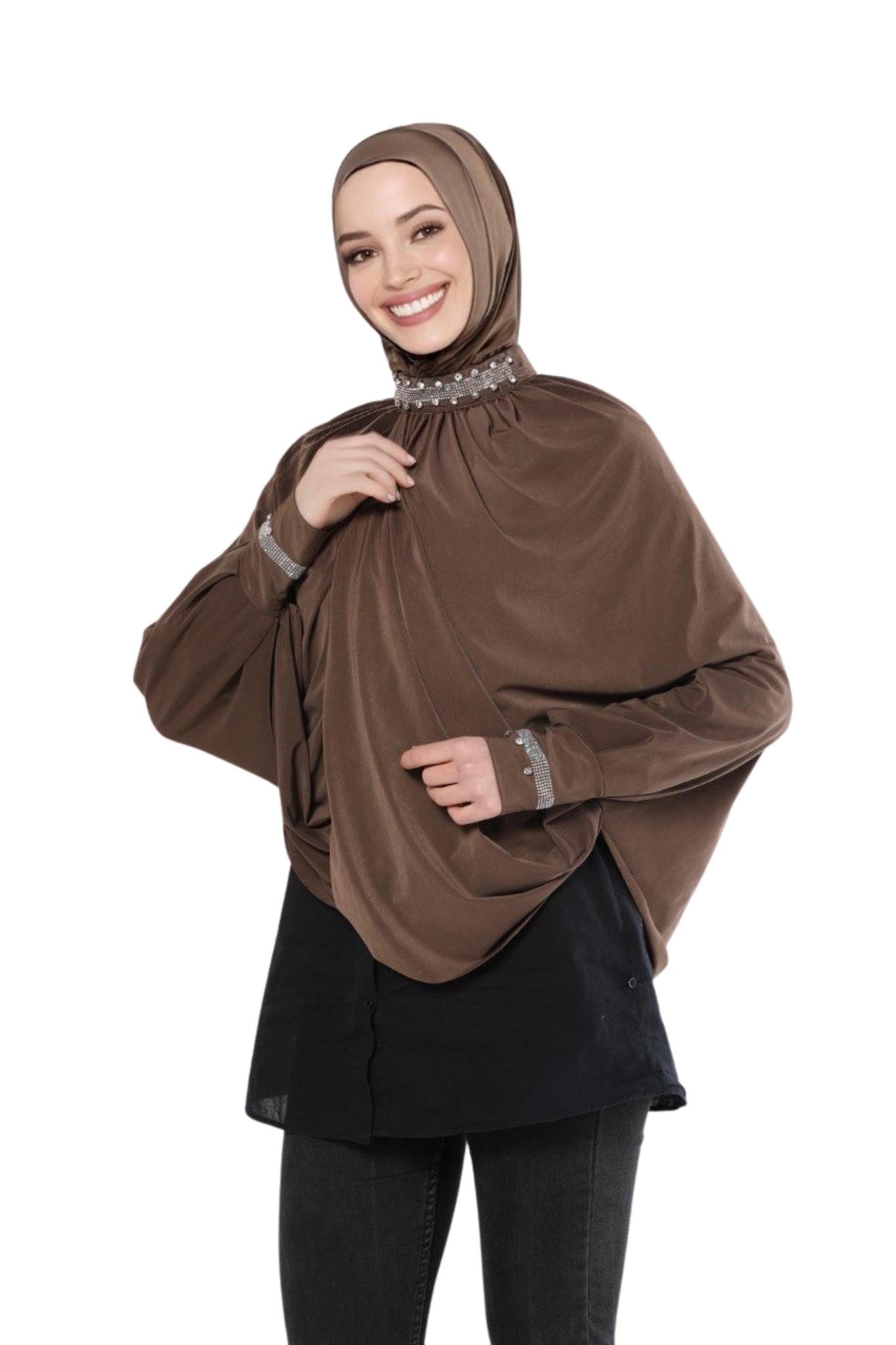 Ready Hijab Embellished with Exquisite Pearl Work on Neckline and Sleeves Premium Quality Hijab Jersey Scarf Gift for Ramadan Eid Hajj