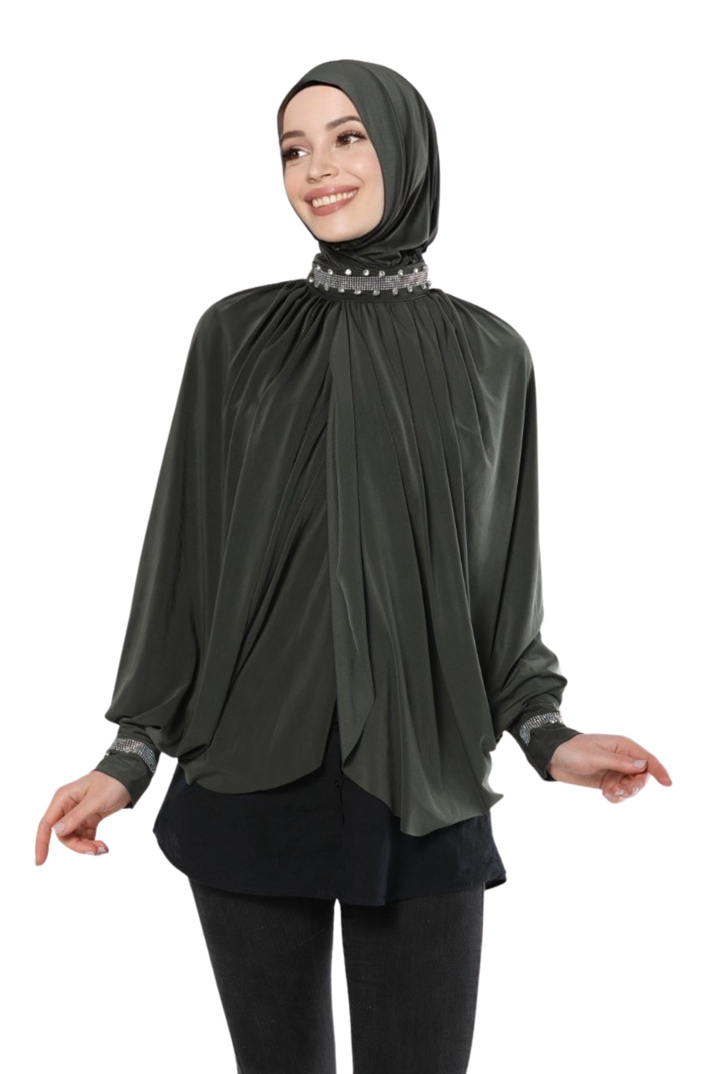Ready Hijab Embellished with Exquisite Pearl Work on Neckline and Sleeves Premium Quality Hijab Jersey Scarf Gift for Ramadan Eid Hajj