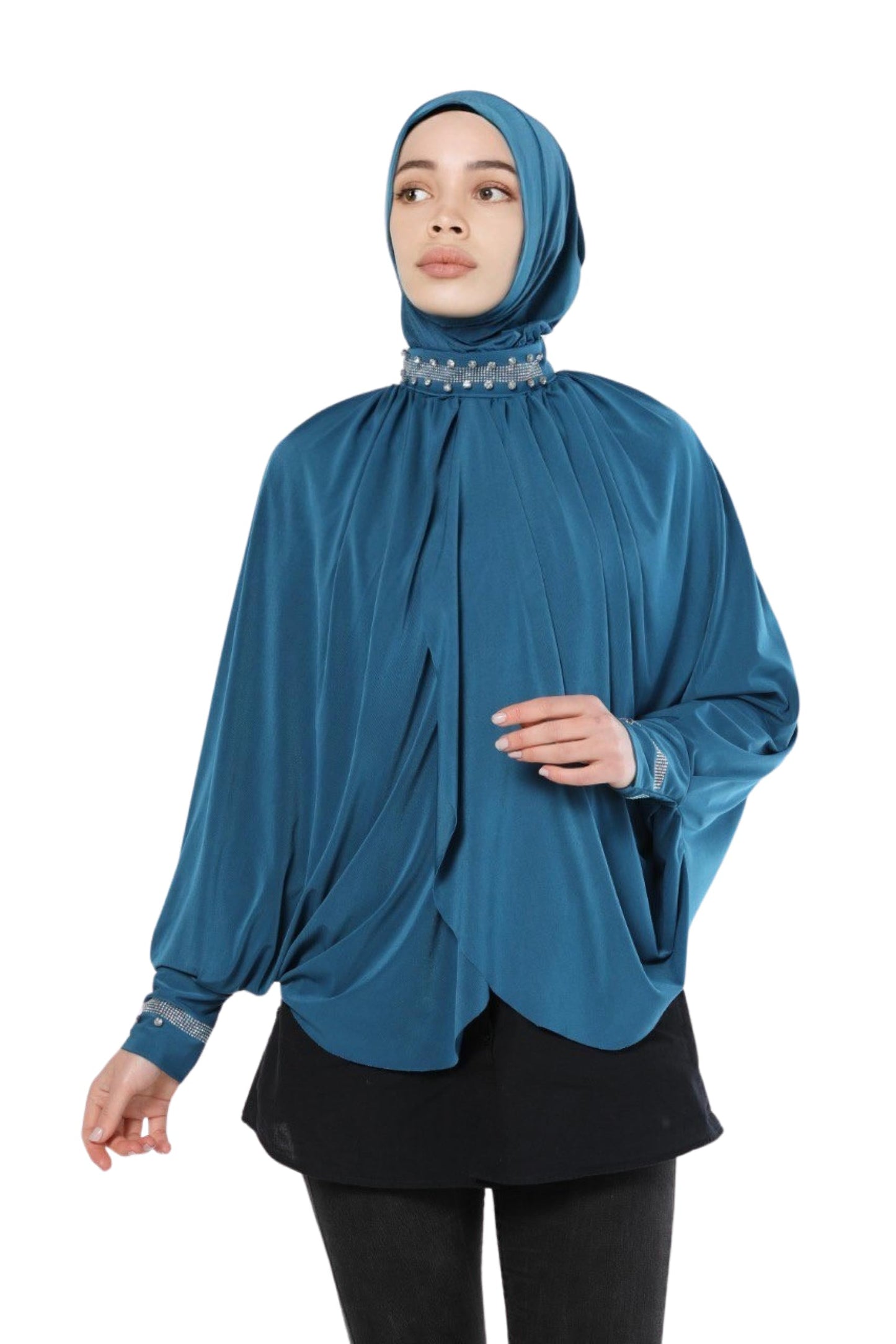 Ready Hijab Embellished with Exquisite Pearl Work on Neckline and Sleeves Premium Quality Hijab Jersey Scarf Gift for Ramadan Eid Hajj