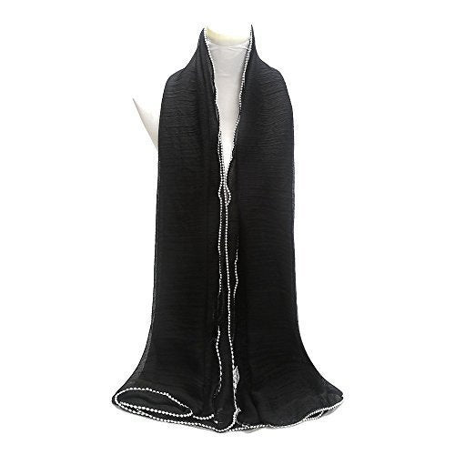 World of Shawls NEW Ladies Crinkle Effect With Delicate White Pearl Border Scarf Maxi Wrap Shawl Pashmina Style Large Warm and Soft Wedding Party Occasion