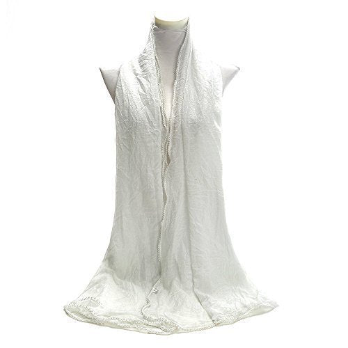 World of Shawls NEW Ladies Crinkle Effect With Delicate White Pearl Border Scarf Maxi Wrap Shawl Pashmina Style Large Warm and Soft Wedding Party Occasion