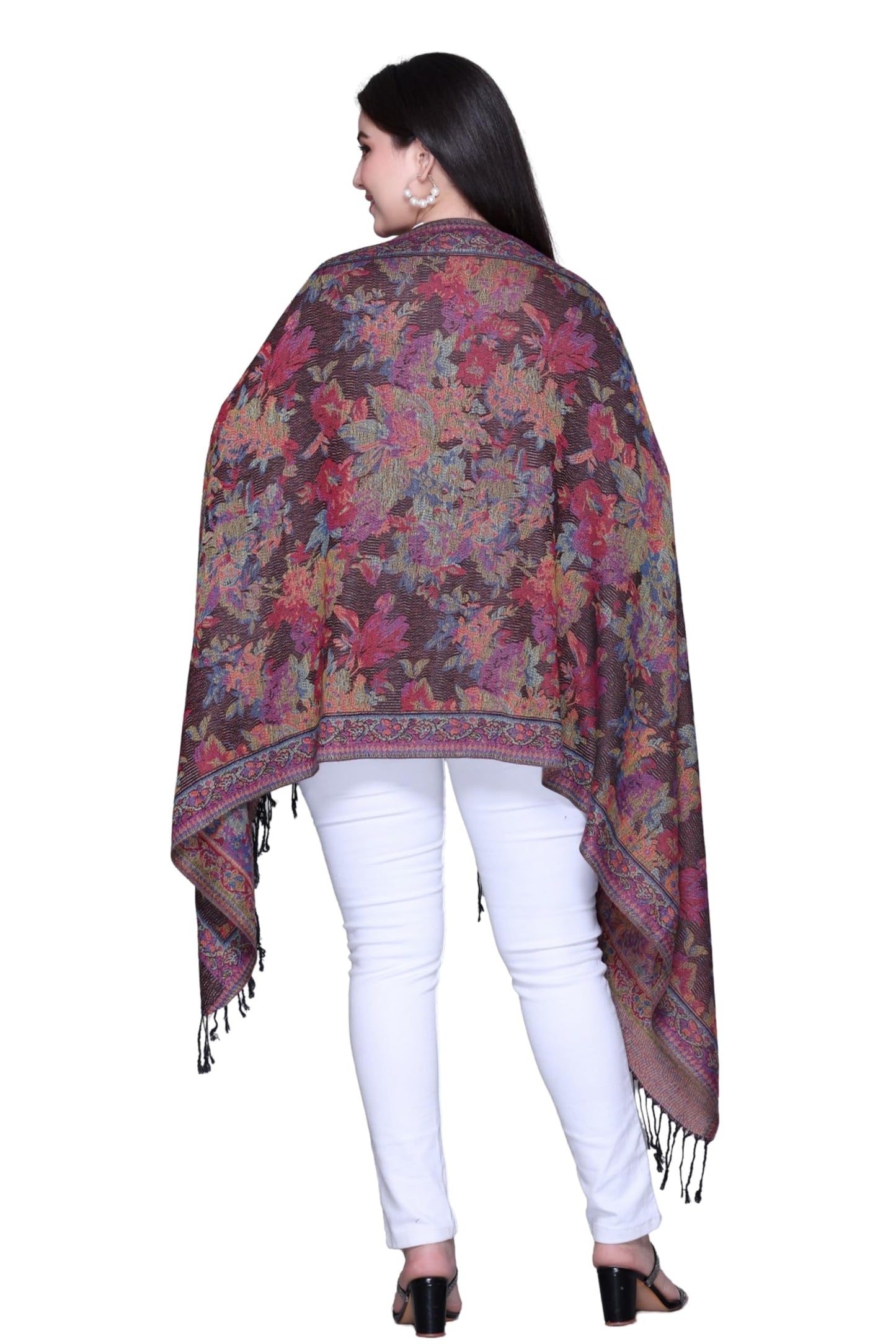 World of Shawls Mosaic-inspired Designs Elegant Floral Silk Feel Shawl with Tassels, Lightweight Wrap for All Seasons