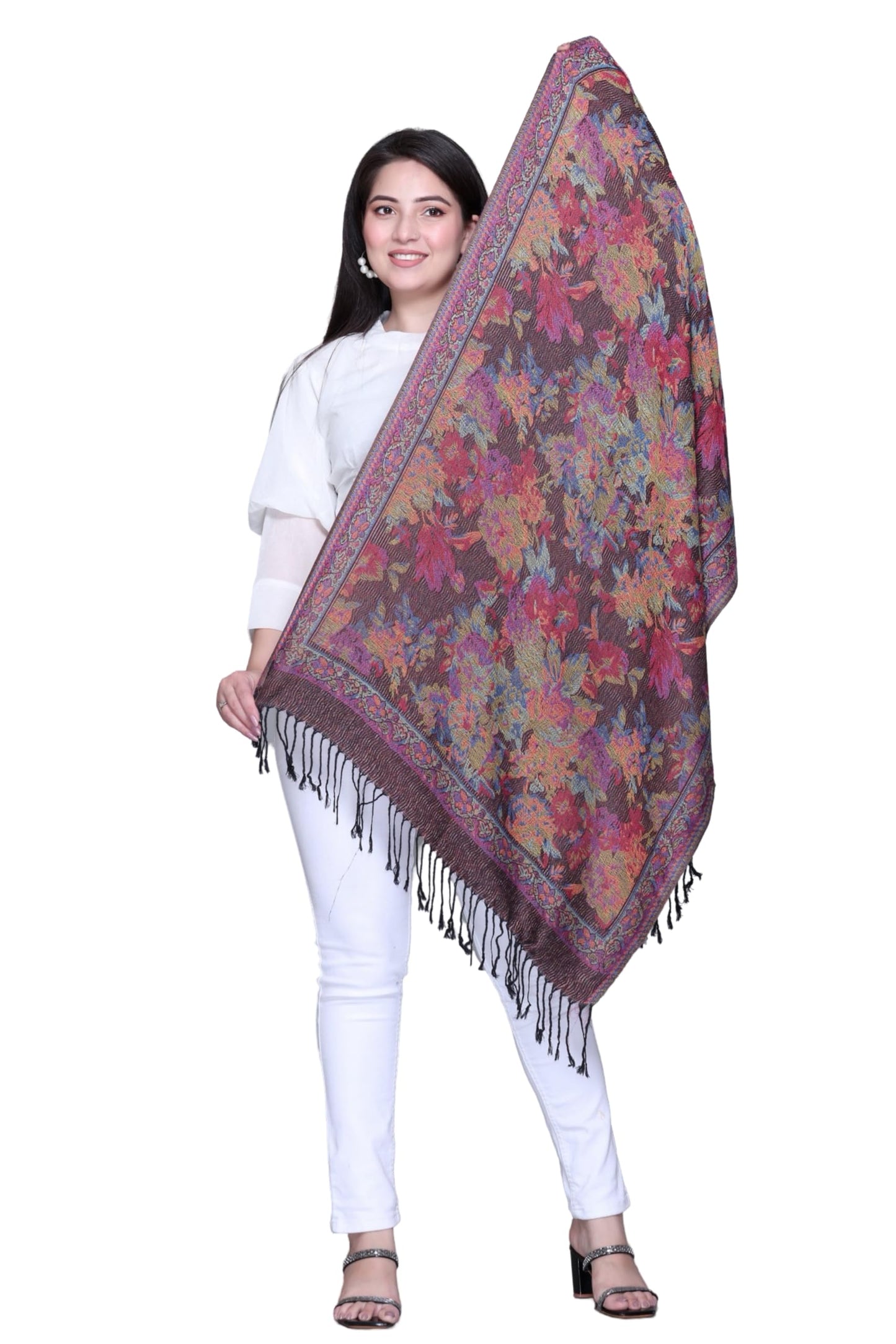 World of Shawls Mosaic-inspired Designs Elegant Floral Silk Feel Shawl with Tassels, Lightweight Wrap for All Seasons