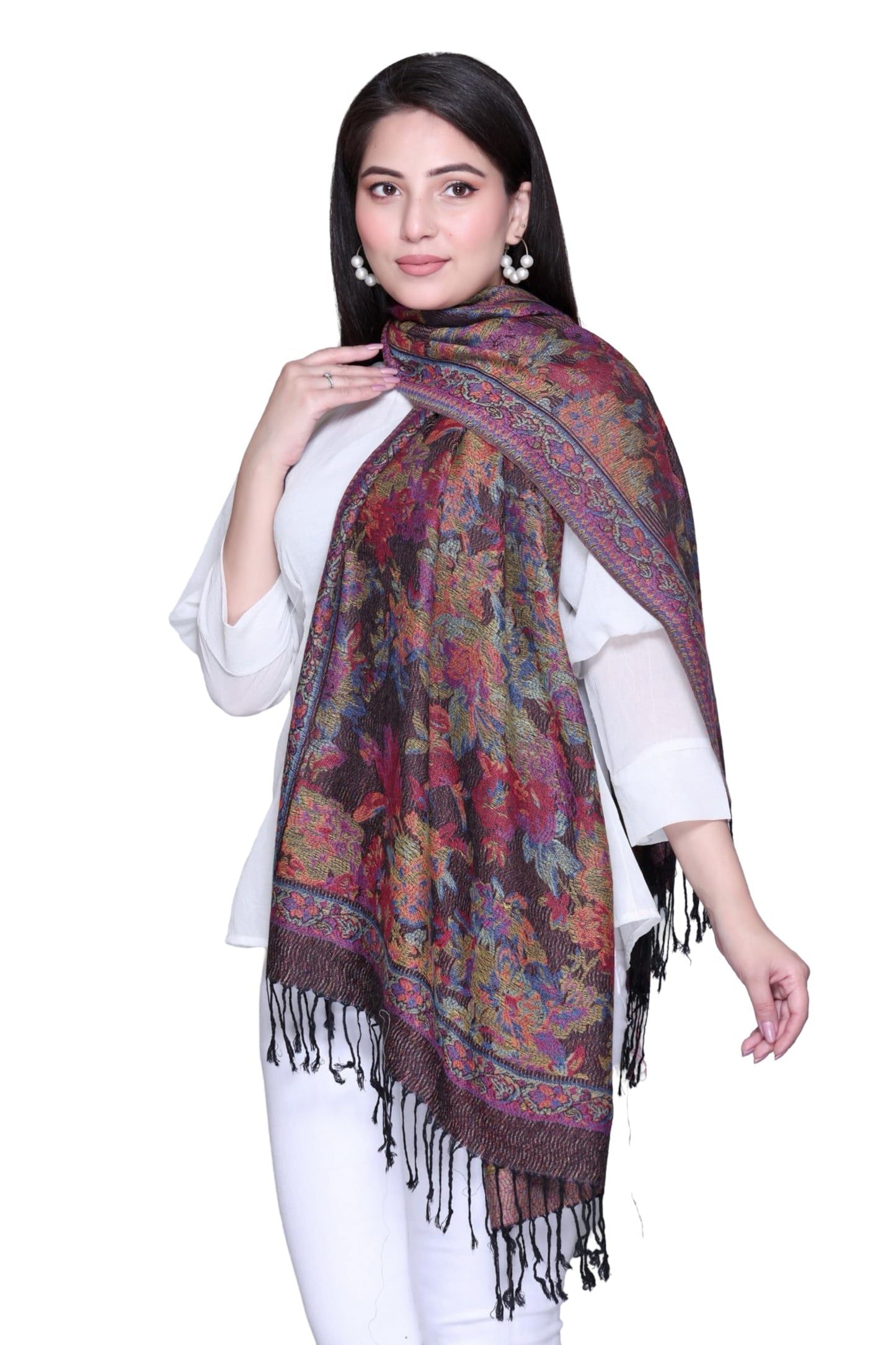 World of Shawls Mosaic-inspired Designs Elegant Floral Silk Feel Shawl with Tassels, Lightweight Wrap for All Seasons