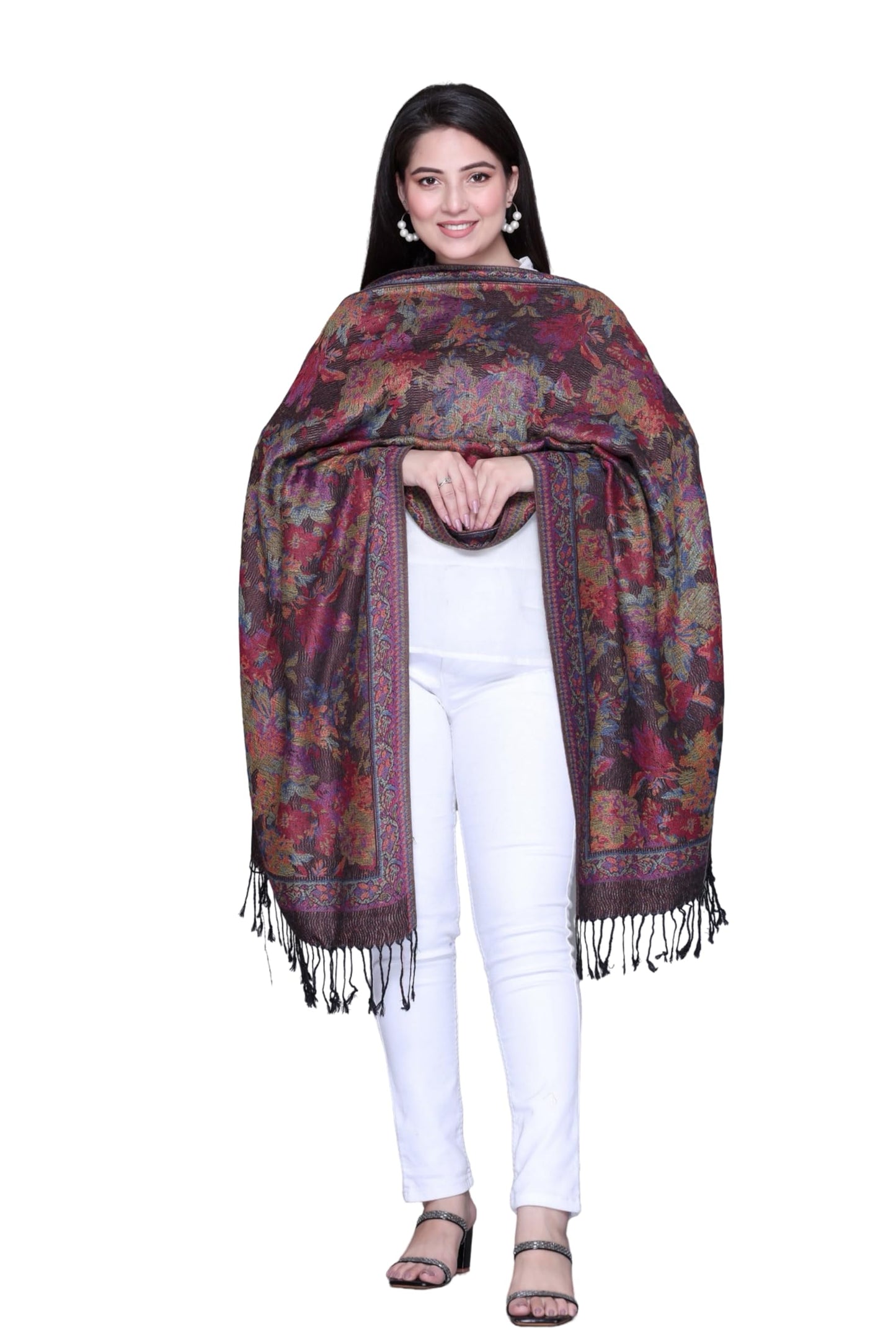 World of Shawls Mosaic-inspired Designs Elegant Floral Silk Feel Shawl with Tassels, Lightweight Wrap for All Seasons