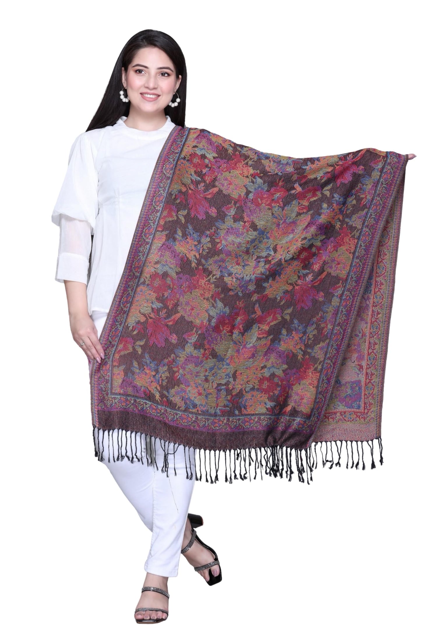 World of Shawls Mosaic-inspired Designs Elegant Floral Silk Feel Shawl with Tassels, Lightweight Wrap for All Seasons
