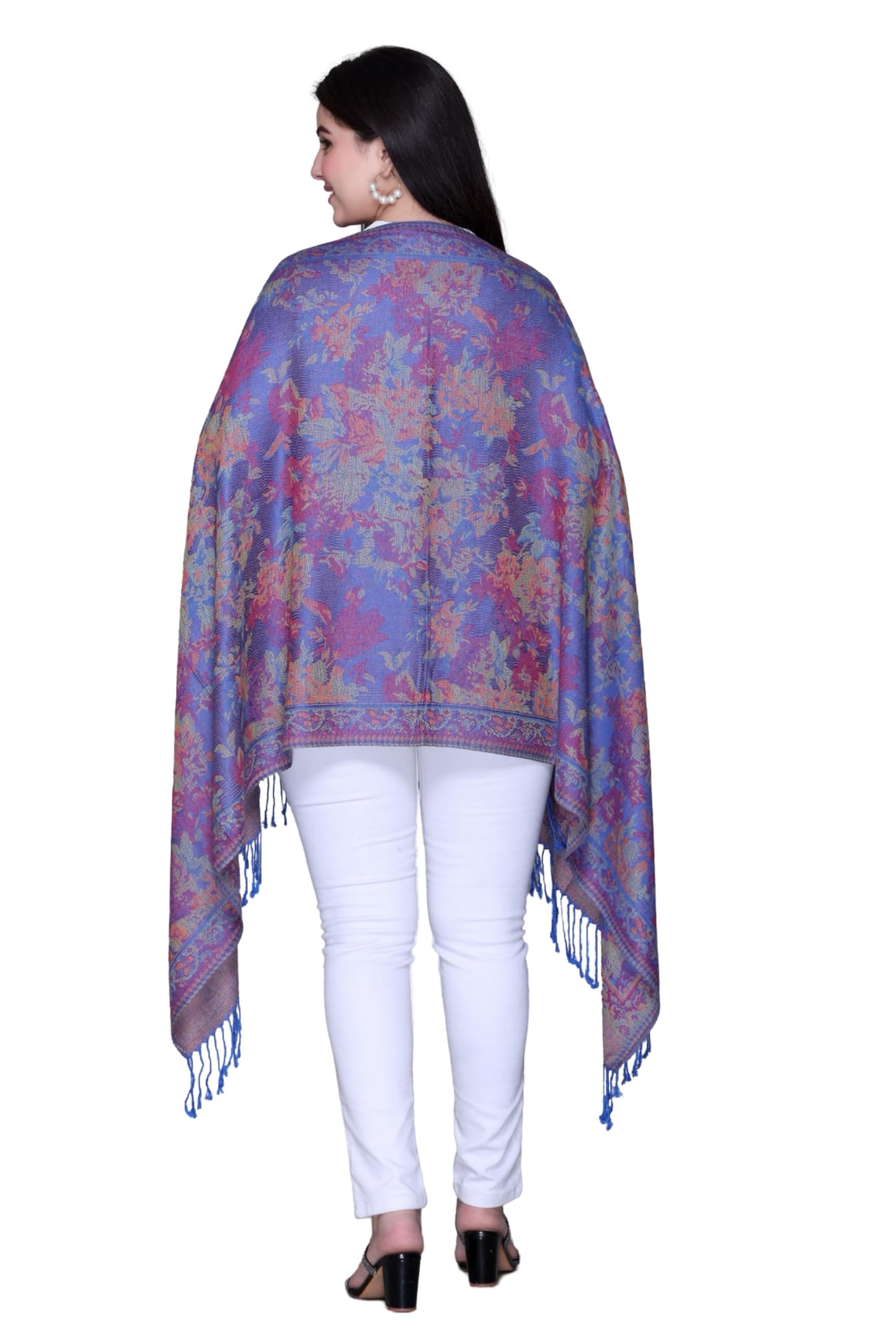 World of Shawls Mosaic-inspired Designs Elegant Floral Silk Feel Shawl with Tassels, Lightweight Wrap for All Seasons