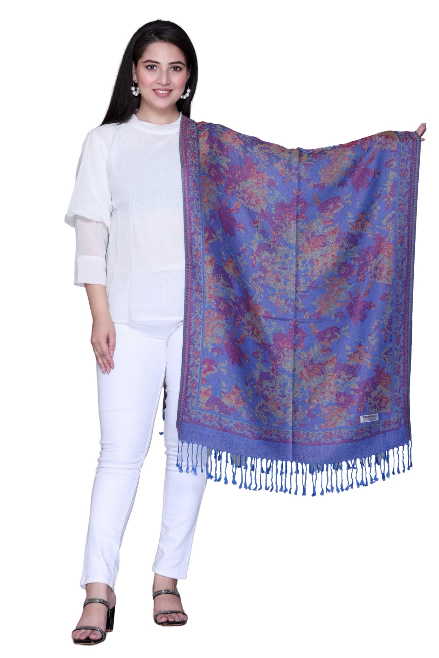 World of Shawls Mosaic-inspired Designs Elegant Floral Silk Feel Shawl with Tassels, Lightweight Wrap for All Seasons