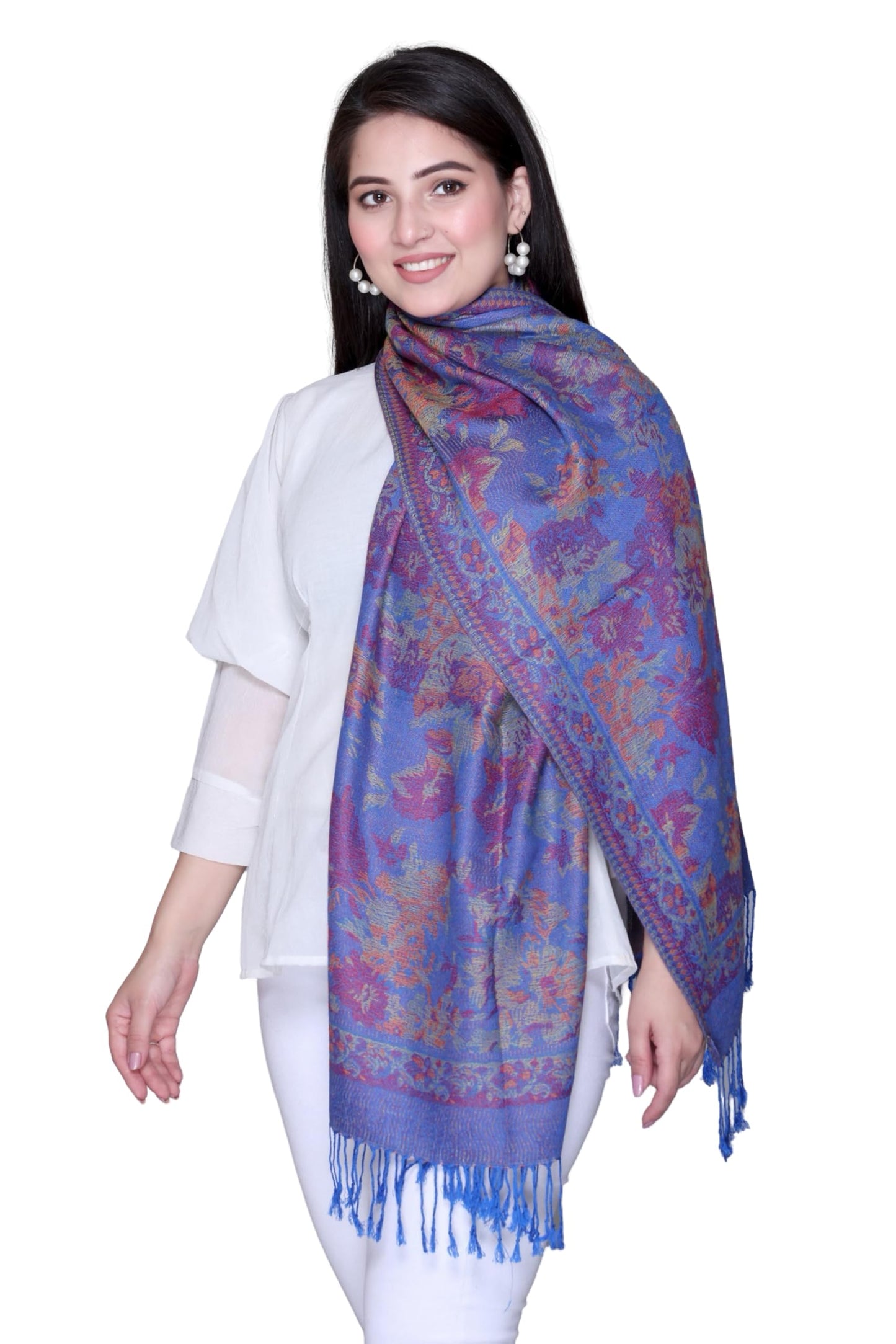 World of Shawls Mosaic-inspired Designs Elegant Floral Silk Feel Shawl with Tassels, Lightweight Wrap for All Seasons