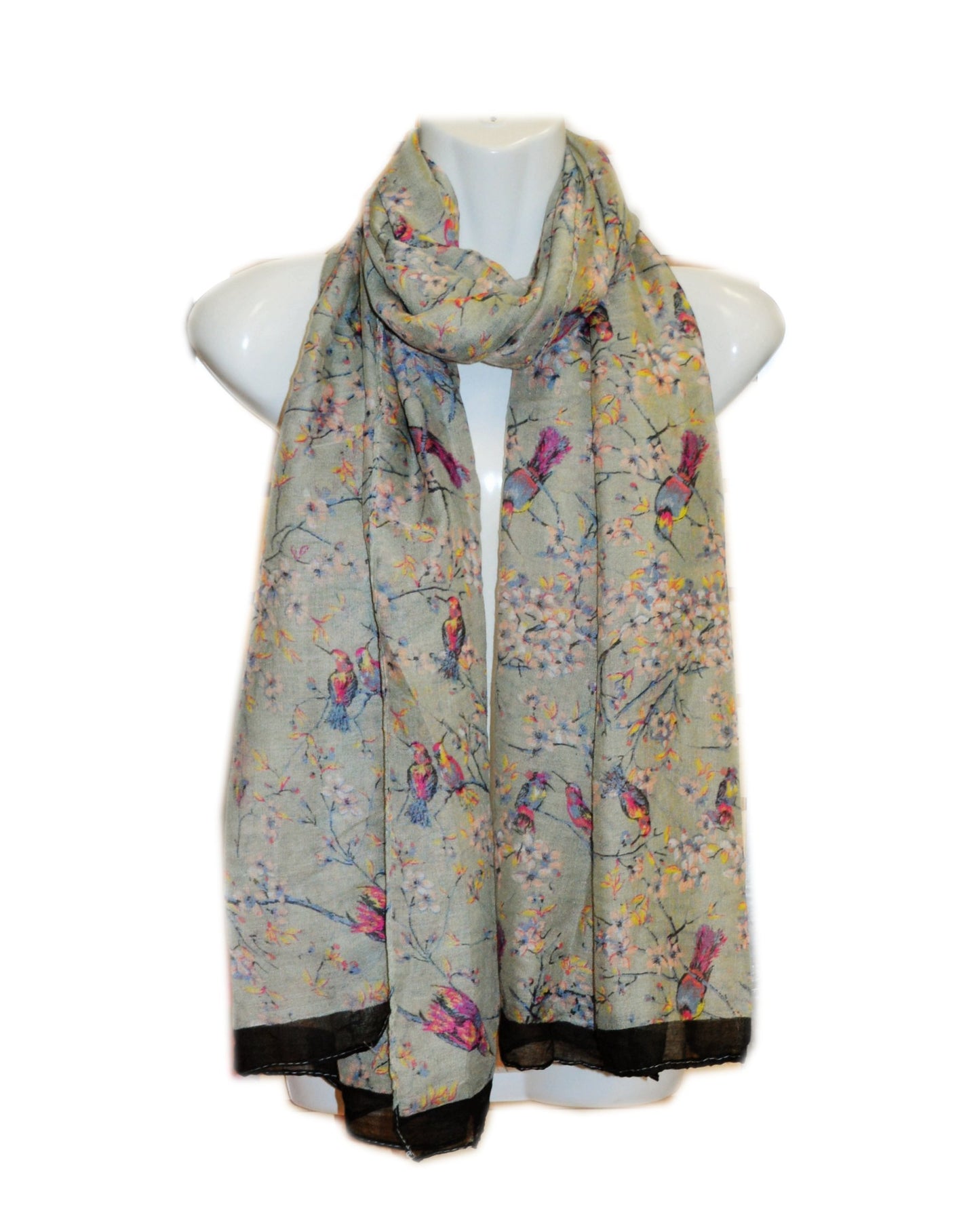 World of Shawls Ladies Women's Colorful Japanese Cherry Blossom Bird And Floral Print Scarf Scarves Maxi Sarong Wrap