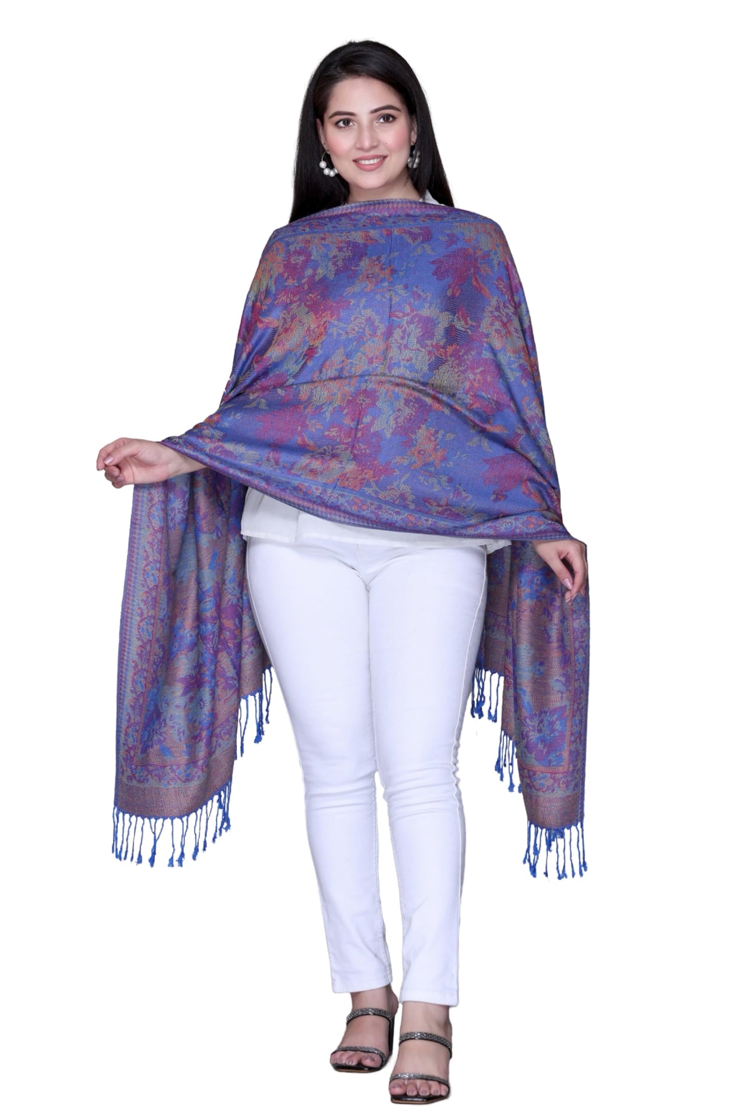 World of Shawls Mosaic-inspired Designs Elegant Floral Silk Feel Shawl with Tassels, Lightweight Wrap for All Seasons