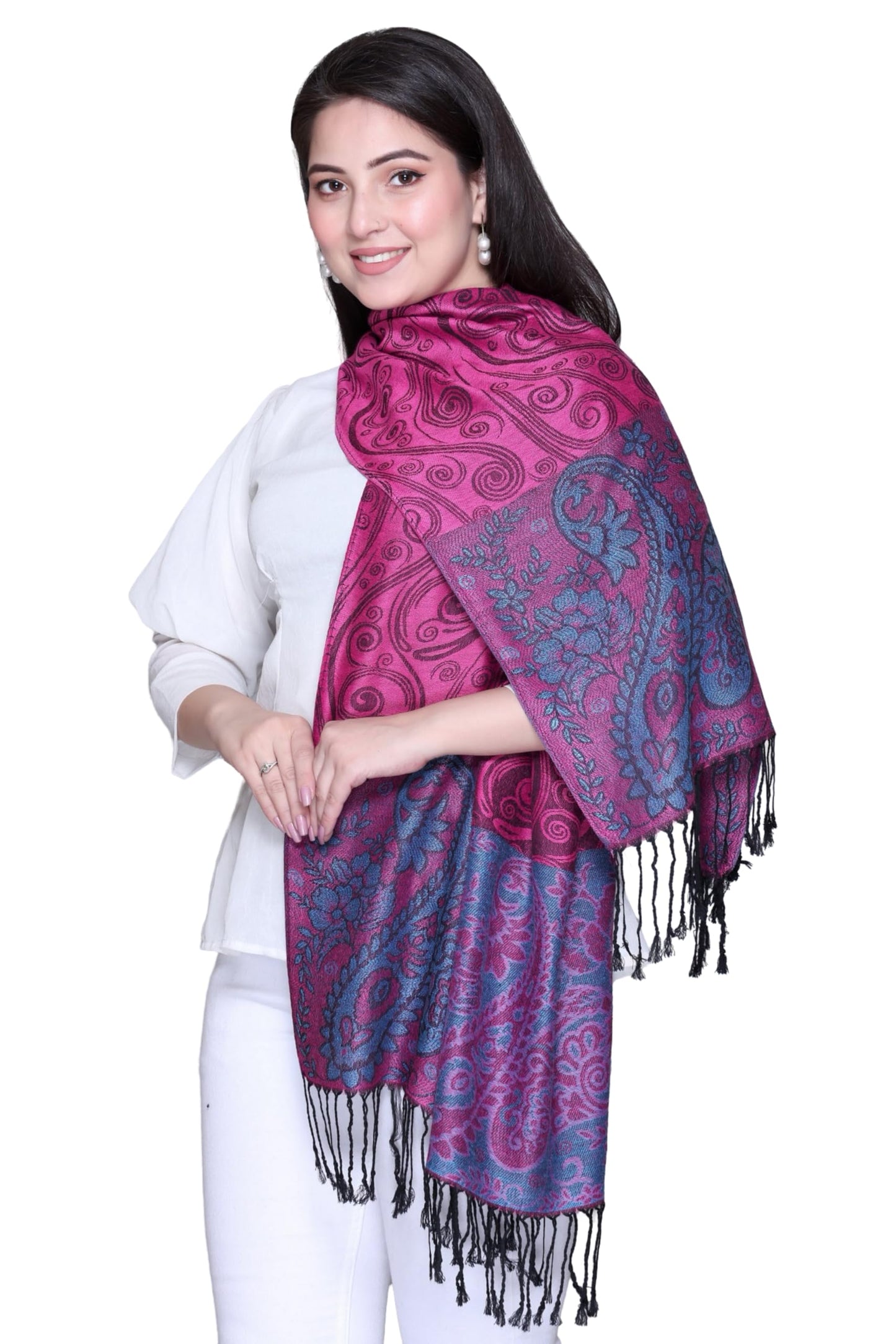 World of Shawls Women's Self-Print Silk Feel Shawl with Contrast Paisley Design Border, Soft, Lightweight, Elegant Wrap