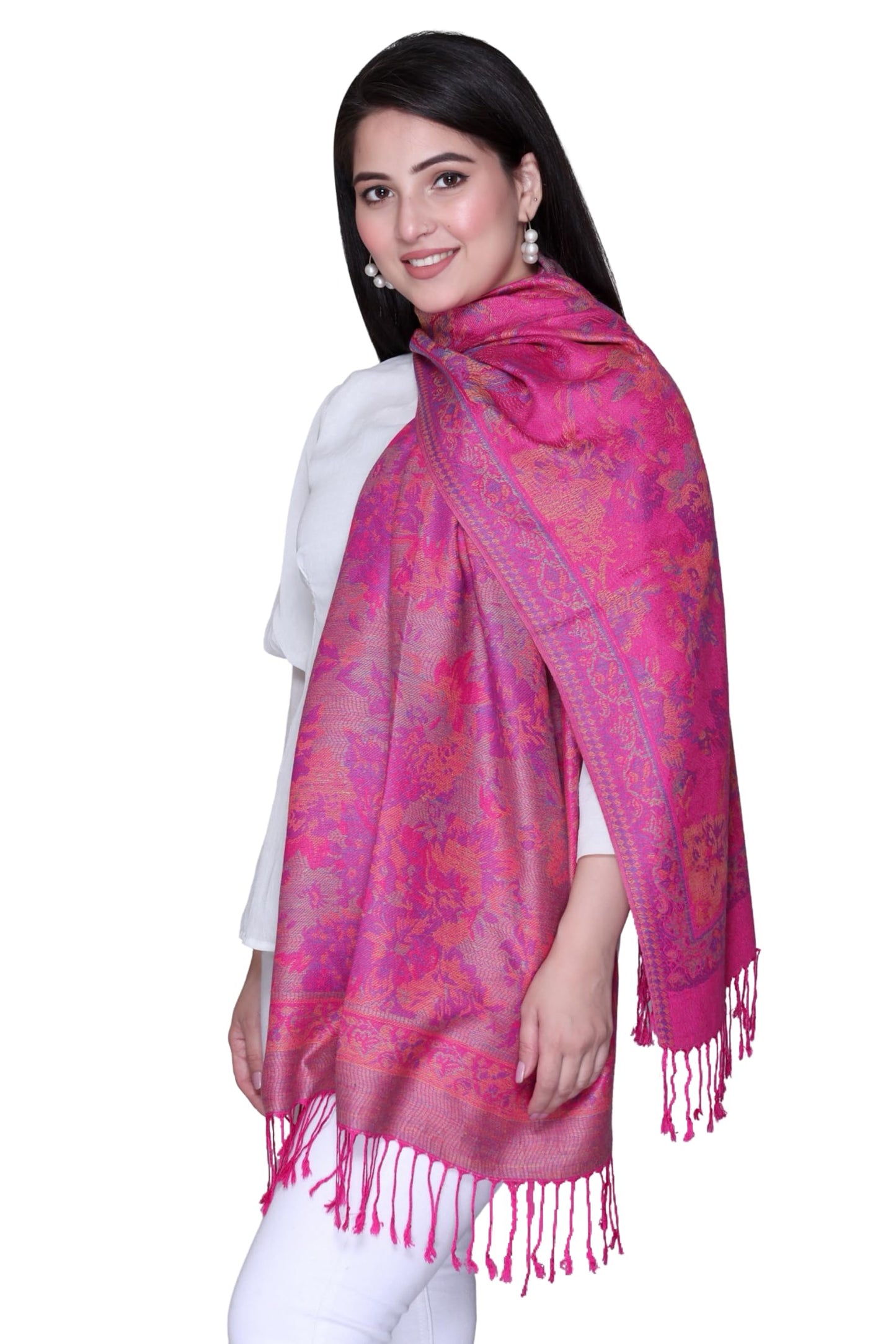World of Shawls Mosaic-inspired Designs Elegant Floral Silk Feel Shawl with Tassels, Lightweight Wrap for All Seasons