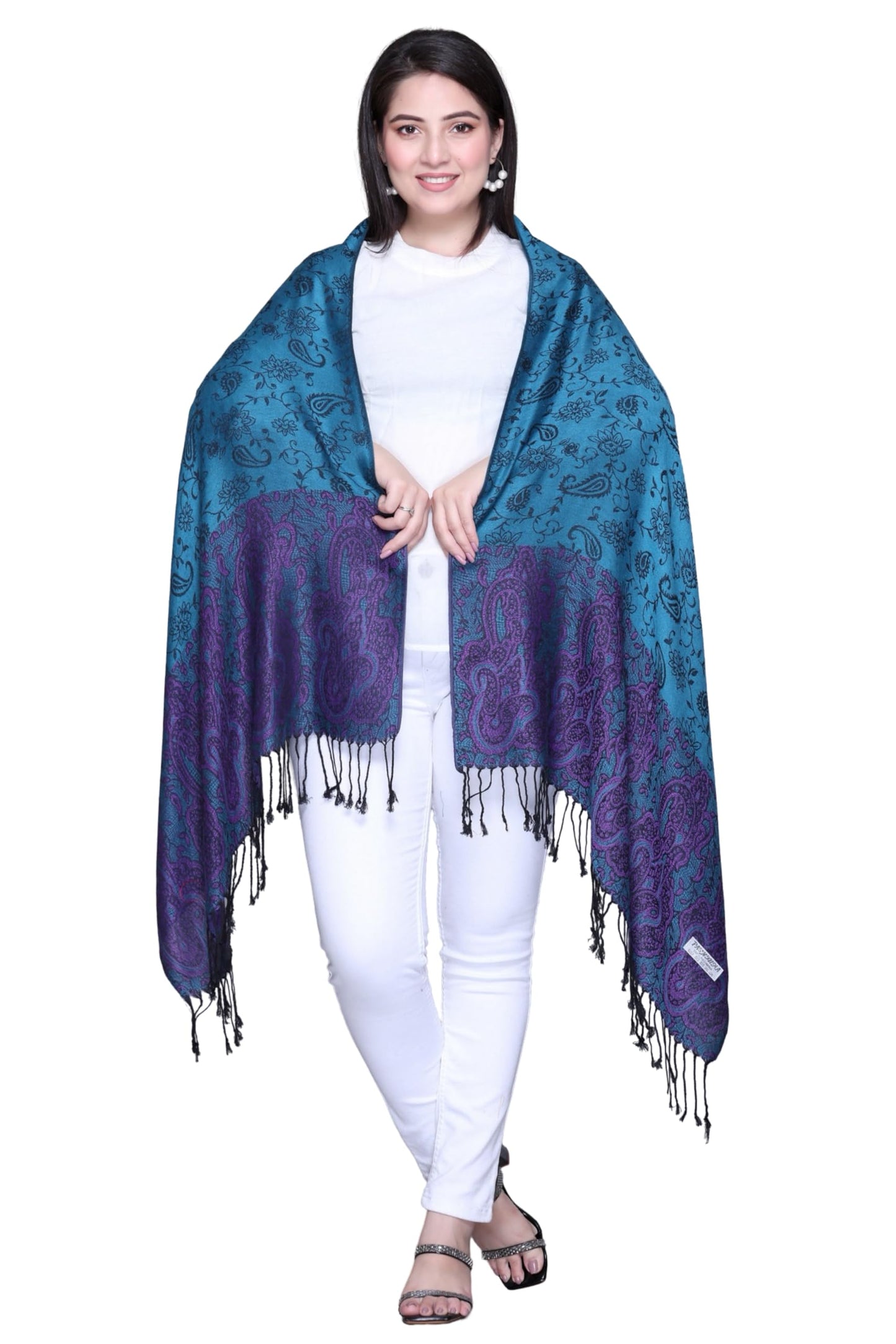 World of Shawls Women's Self-Print Silk Feel Shawl with Contrast Paisley Design Border, Soft, Lightweight, Elegant Wrap