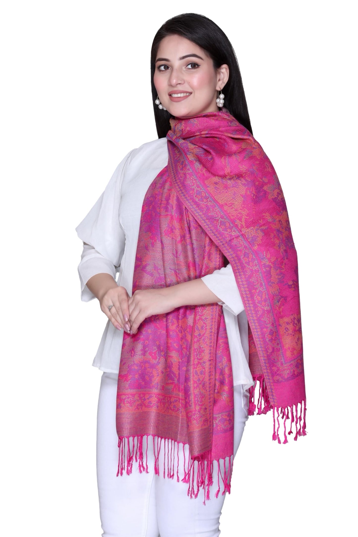 World of Shawls Mosaic-inspired Designs Elegant Floral Silk Feel Shawl with Tassels, Lightweight Wrap for All Seasons