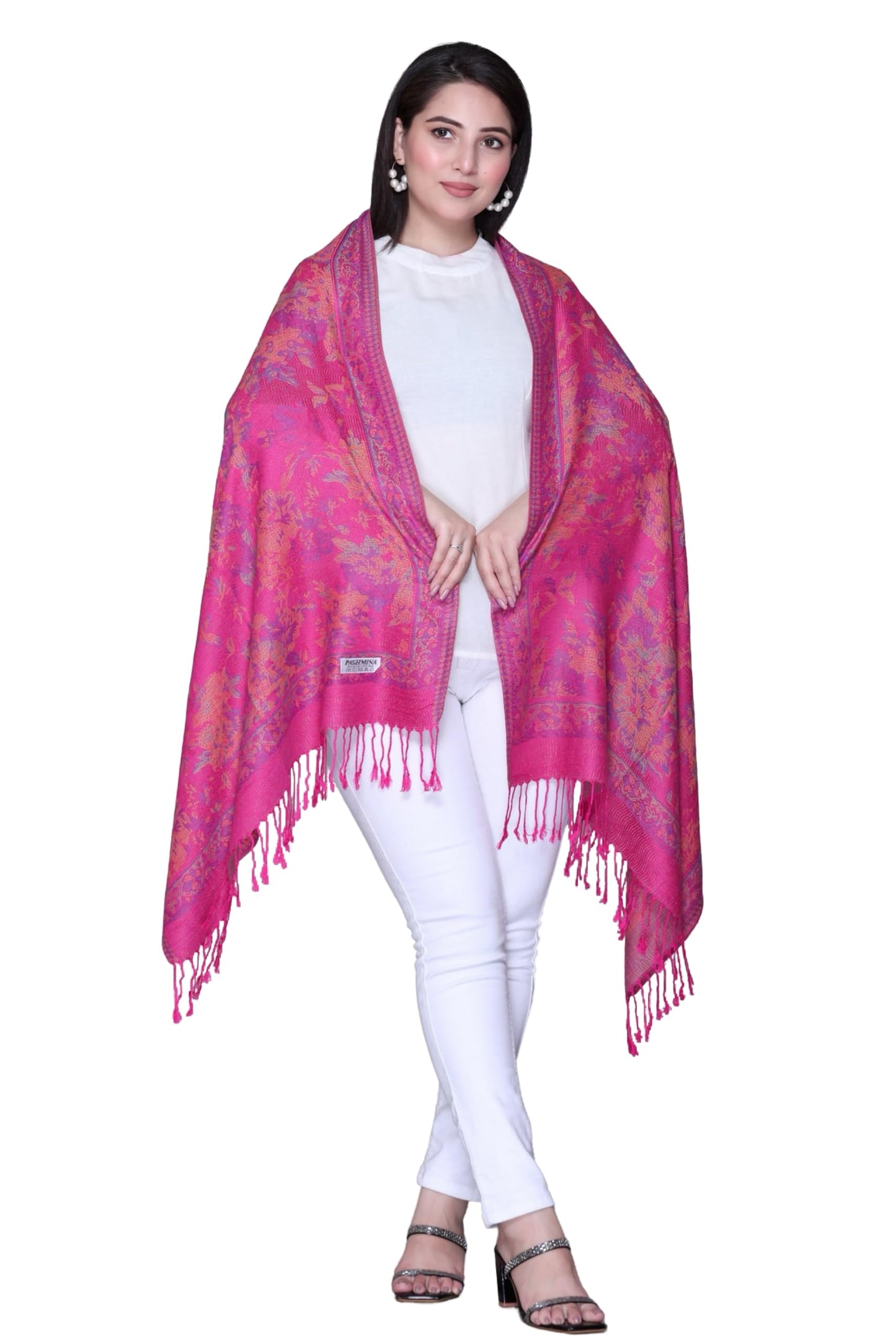 World of Shawls Mosaic-inspired Designs Elegant Floral Silk Feel Shawl with Tassels, Lightweight Wrap for All Seasons