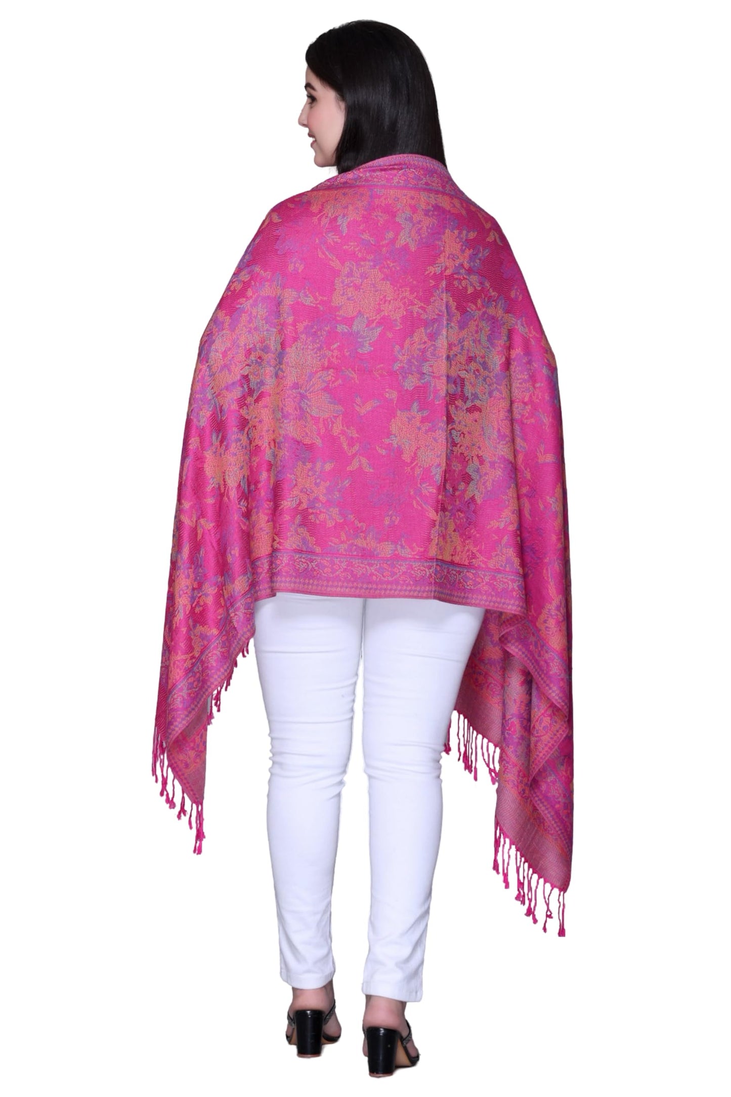 World of Shawls Mosaic-inspired Designs Elegant Floral Silk Feel Shawl with Tassels, Lightweight Wrap for All Seasons