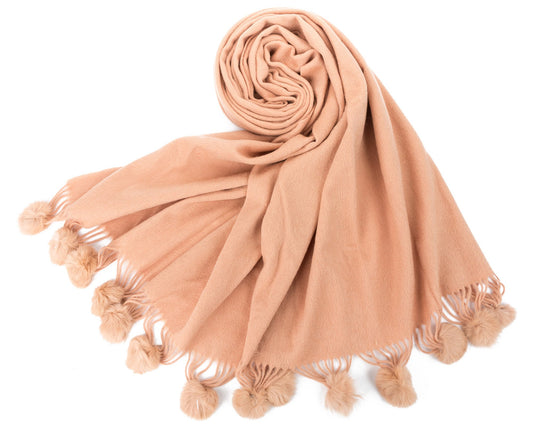 World of Shawls Women's Winter Warm Solid Scarf with Pom Pom Fringe