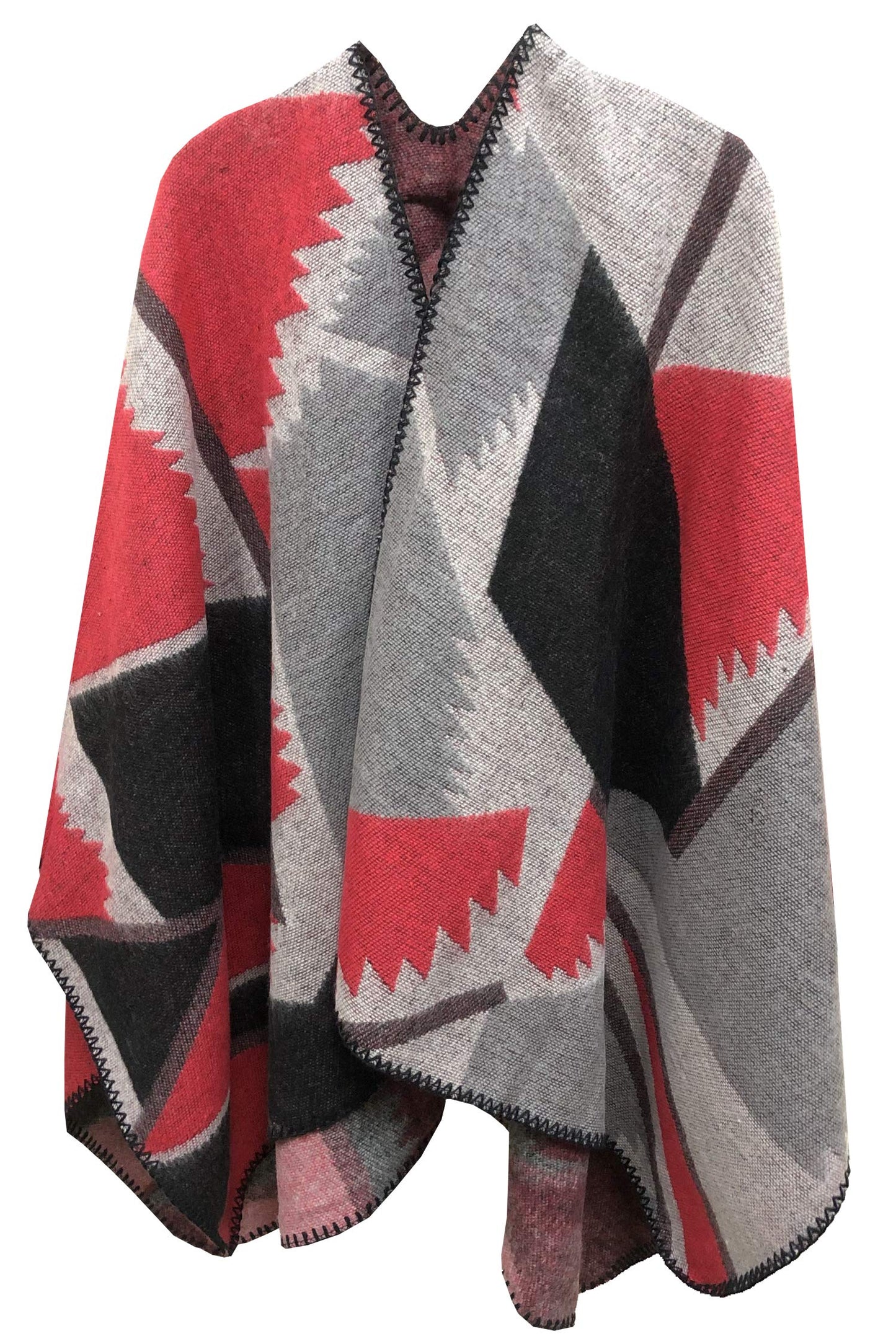 World of Shawls Reversible Knitted Oversized Poncho Scarf Wrap Cape for Women Ladies with Block Print Abstract Design Open Front Cardigan