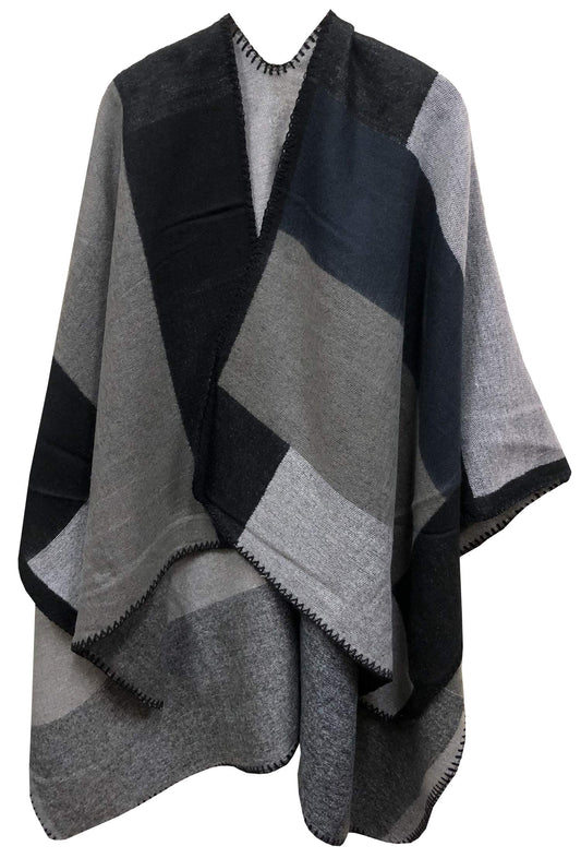 World of Shawls Reversible Knitted Oversized Poncho Scarf Wrap Cape for Women Ladies with Block Print Abstract Design Open Front Cardigan